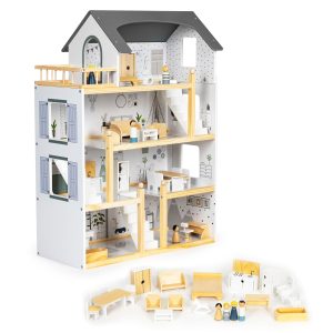 Domček pre bábiky so súpravou 17 kusov dreveného nábytku ECOTOYS