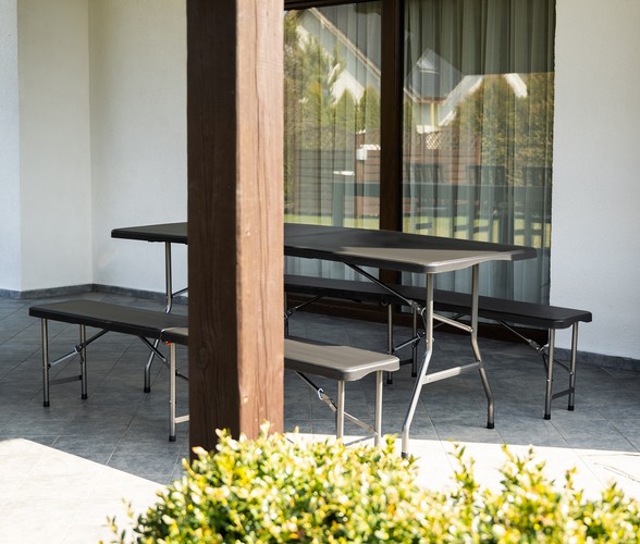 Rozkladací záhradný stôl 180 cm + 2 lavice - čierny – Obrázok 16