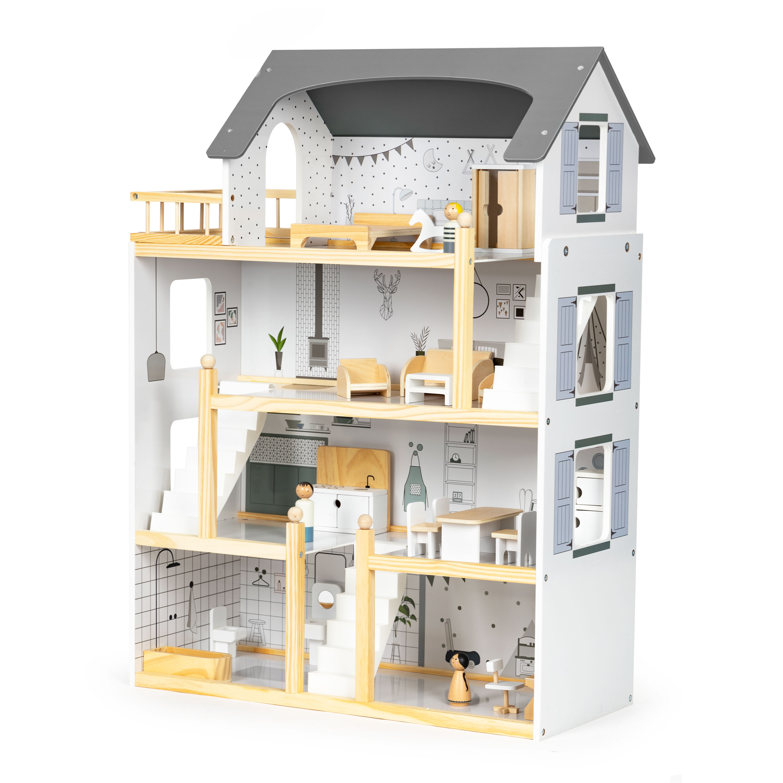 Domček pre bábiky so súpravou 17 kusov dreveného nábytku ECOTOYS – Obrázok 3