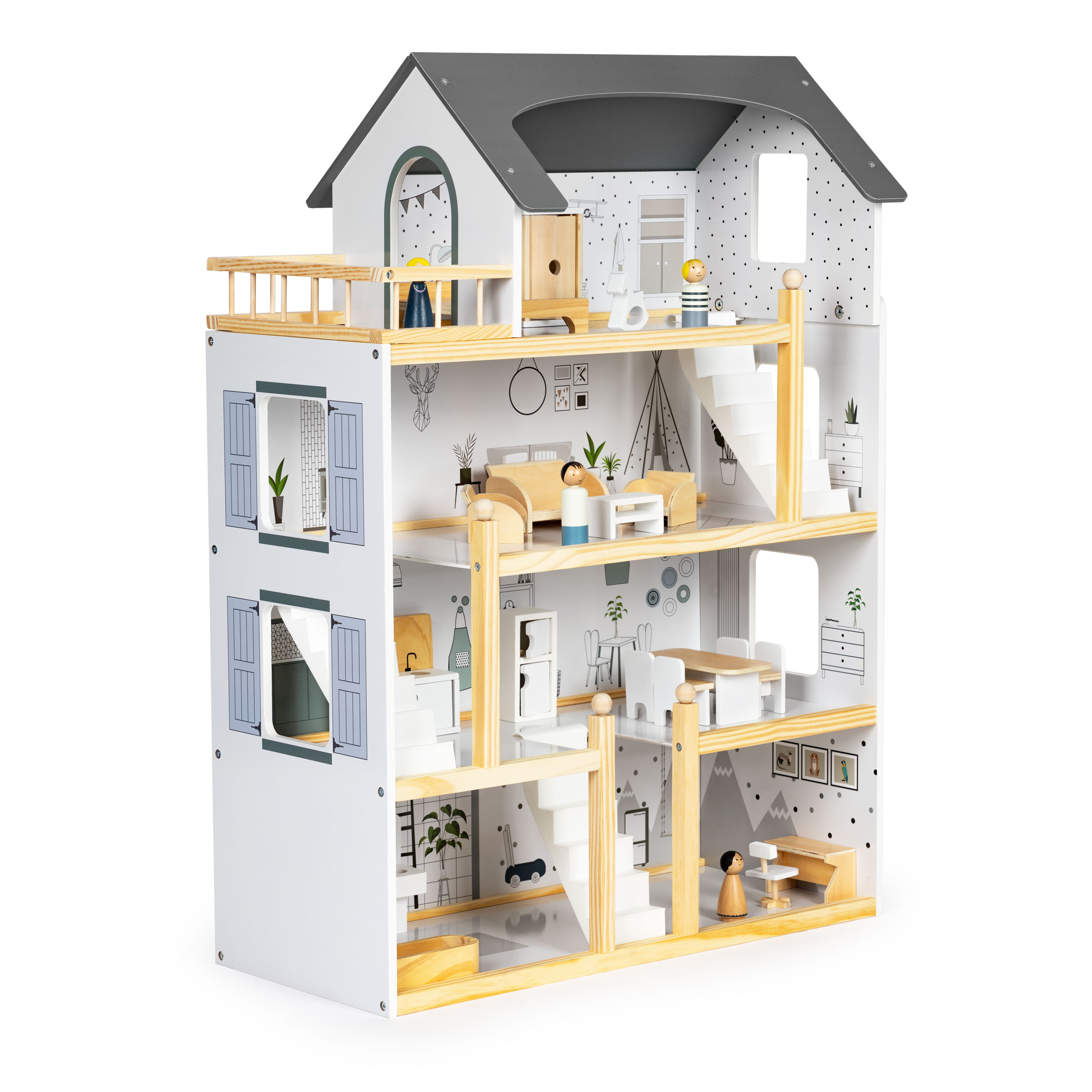 Domček pre bábiky so súpravou 17 kusov dreveného nábytku ECOTOYS – Obrázok 4
