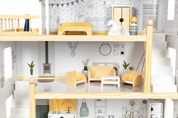 Domček pre bábiky so súpravou 17 kusov dreveného nábytku ECOTOYS – Obrázok 6