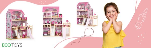 Domček pre bábiky s terasou a šmykľavkou, 18 kusov dreveného nábytku ECOTOYS – Obrázok 9