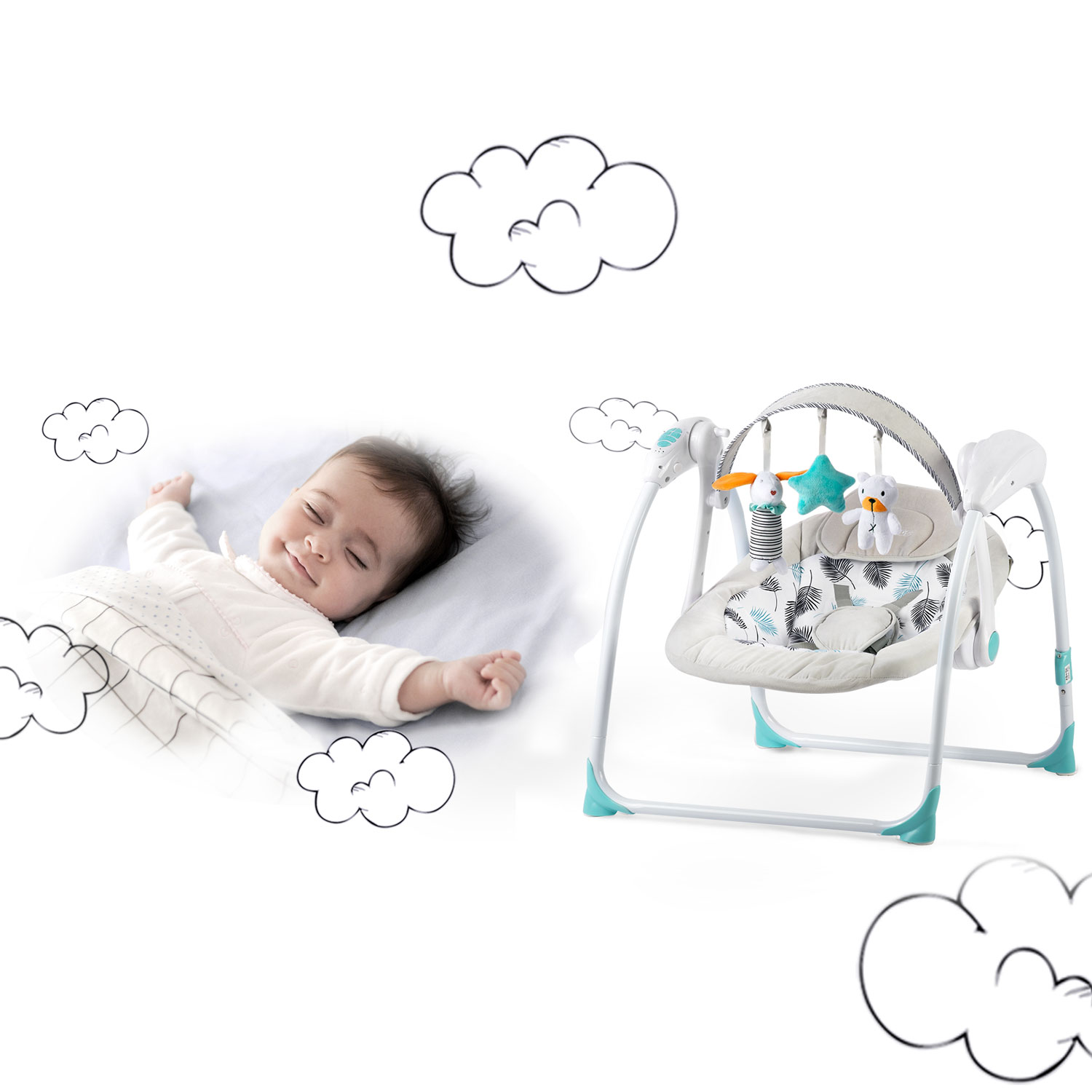 Automatické hojdacie kreslo Ricokids 7326 s hudbou, tyrkysové – Obrázok 5