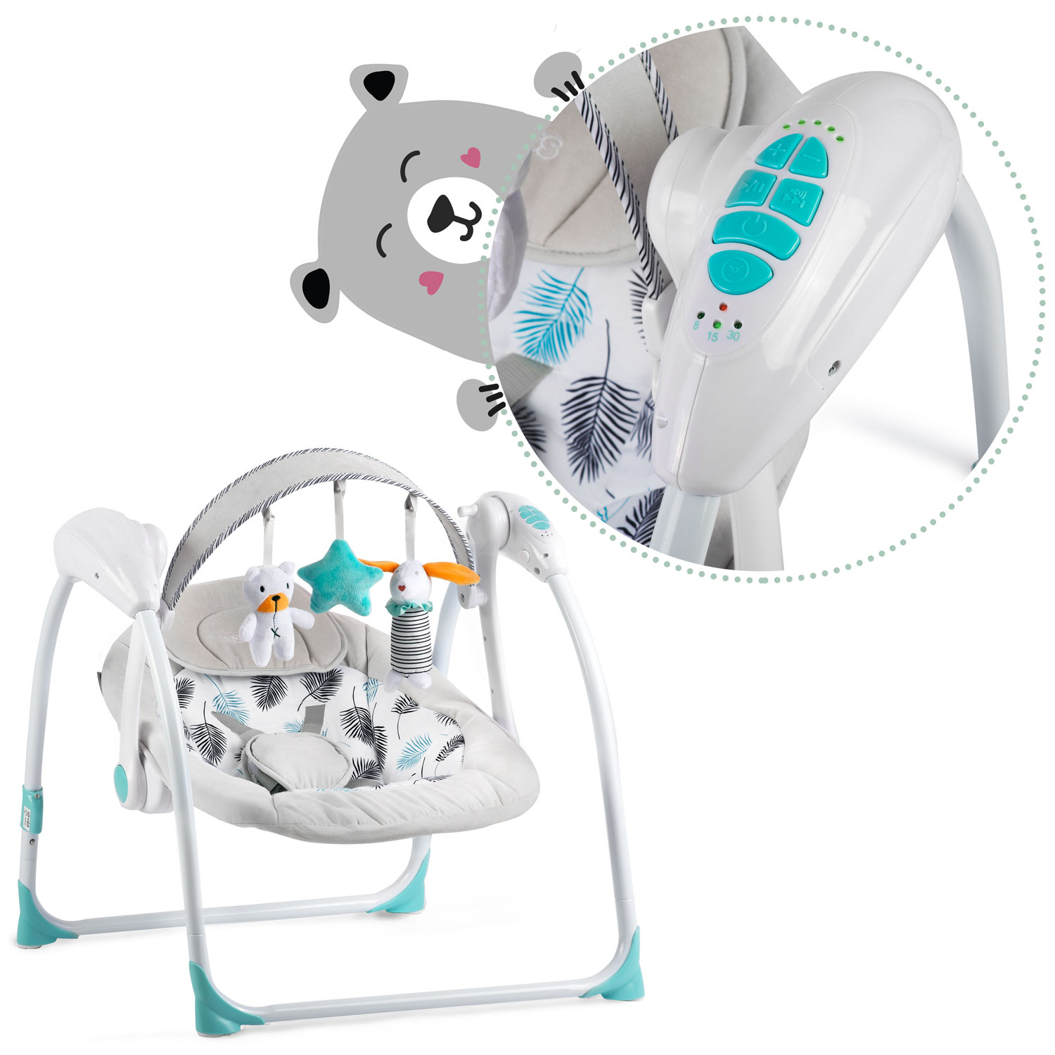 Automatické hojdacie kreslo Ricokids 7326 s hudbou, tyrkysové – Obrázok 8