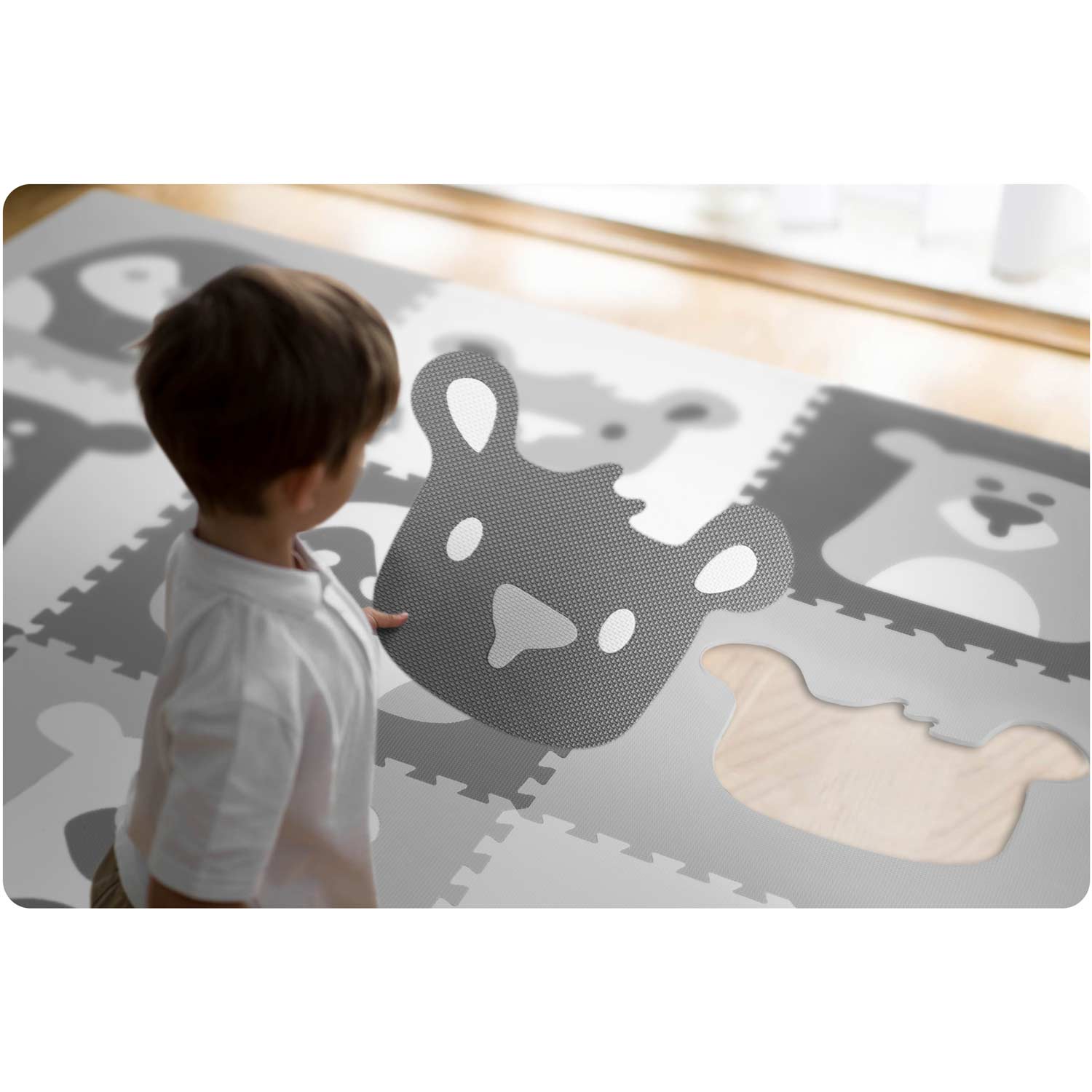 Penová podložka puzzle 180x180cm 9 ks zvieratiek v šedej farbe – Obrázok 4
