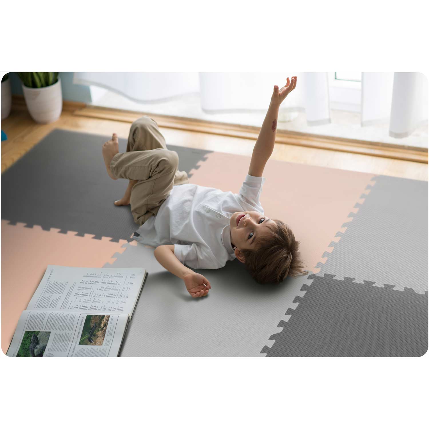 Penová podložka puzzle 180x180cm 9 ks sivá a broskyňová – Obrázok 6