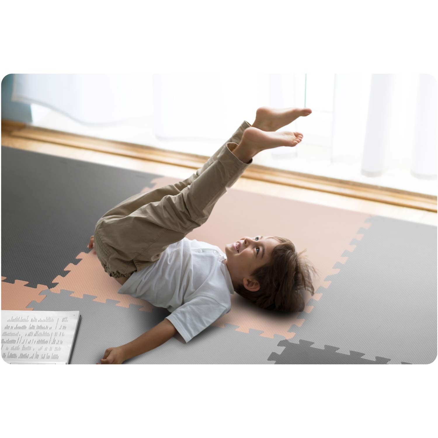 Penová podložka puzzle 180x180cm 9 ks sivá a broskyňová – Obrázok 3