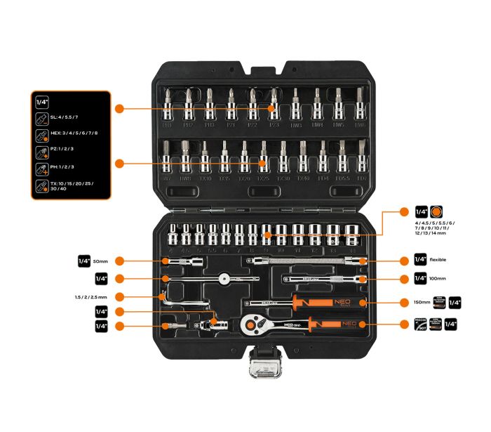 Nástrčné kľúče , 1/4 "CrV súprava 46SK – Obrázok 4