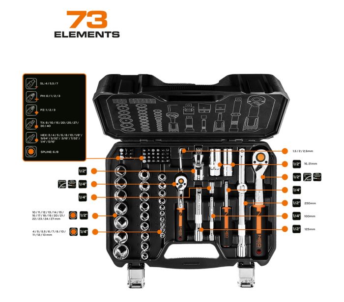 Nástrčné kľúče 1/2", 1/4", súprava 73 ks, CrV – Obrázok 15