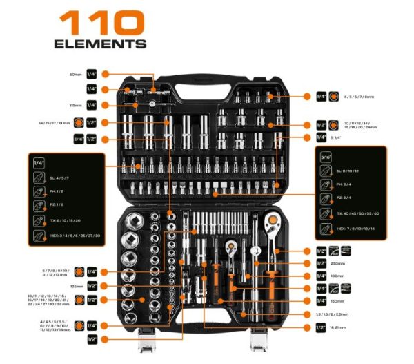 Nástrčné kľúče 1, 4, 1/2 "CrV súprava 110ks – Obrázok 17