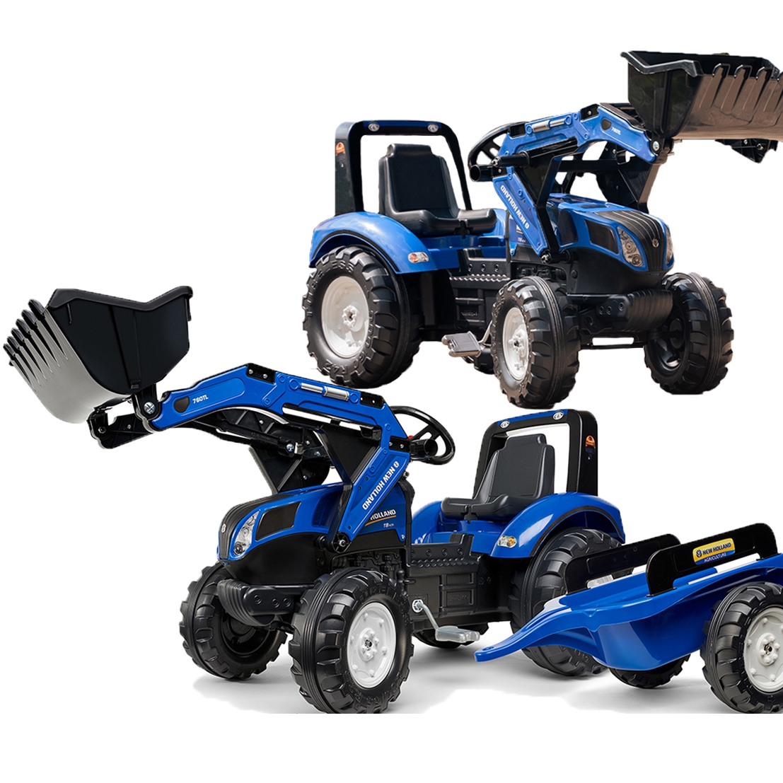 FALK New Holland modrý pedálový traktor s prívesom na 3 roky