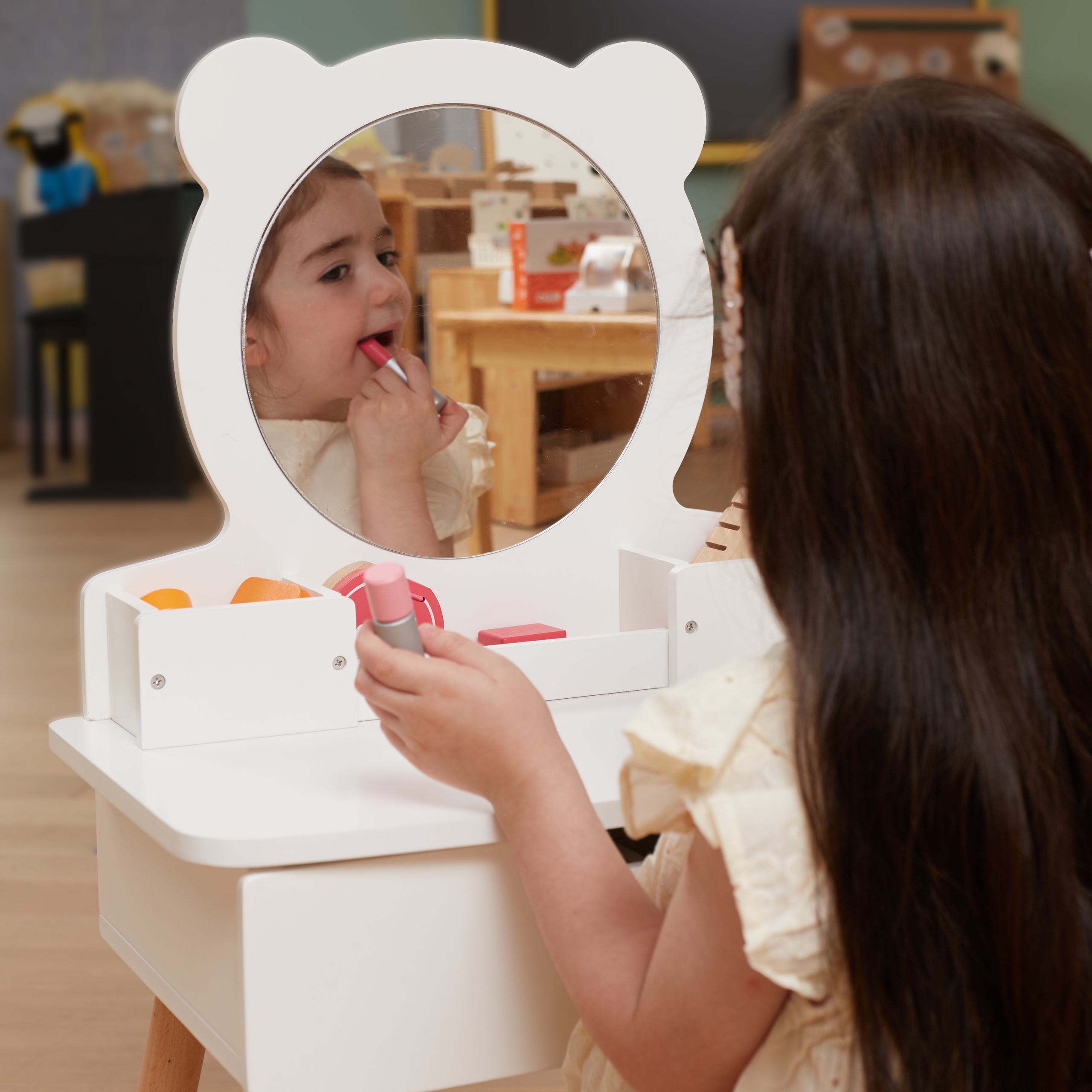 VIGA Veľký biely drevený toaletný stolík so zrkadlom a stoličkou – Obrázok 2