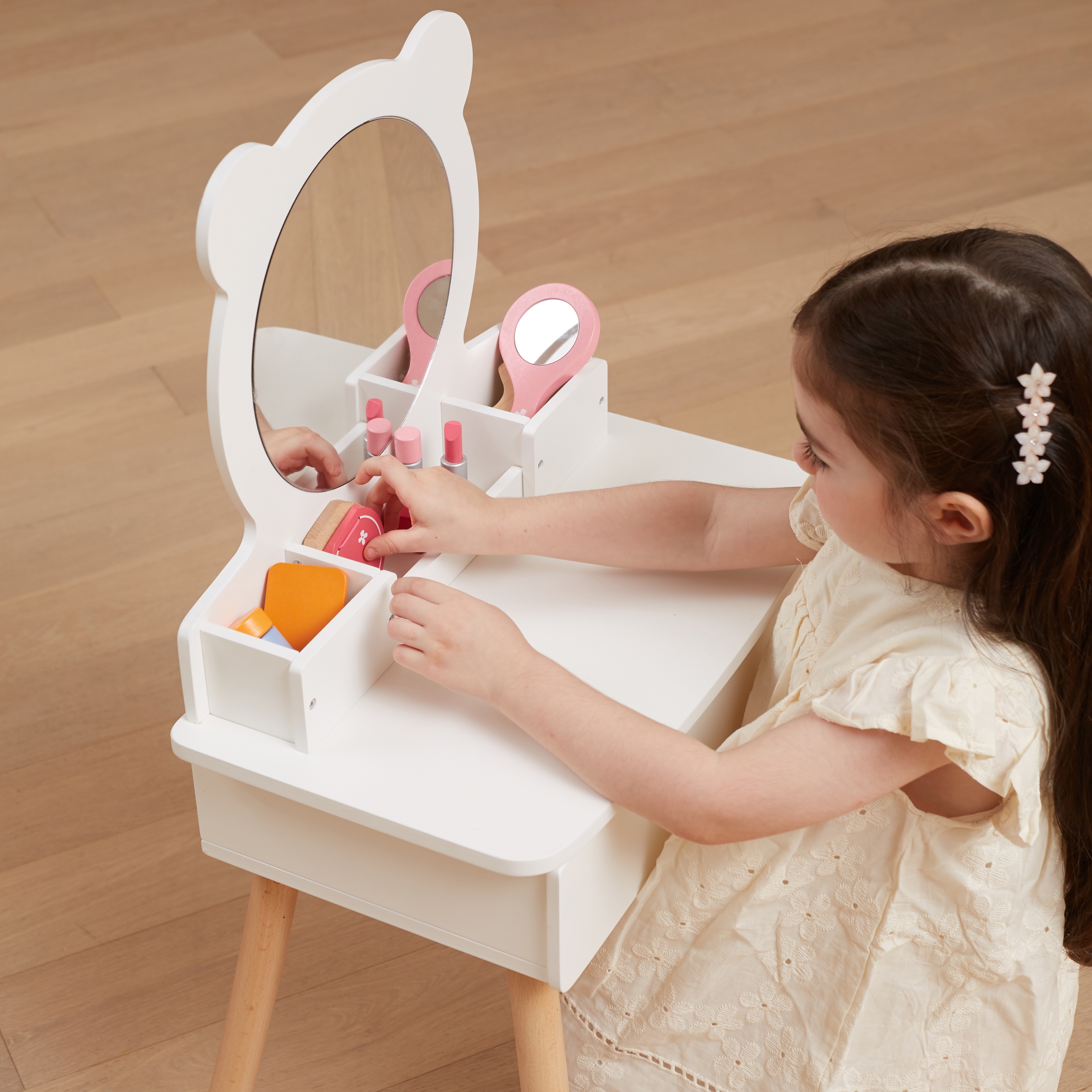 VIGA Veľký biely drevený toaletný stolík so zrkadlom a stoličkou – Obrázok 6