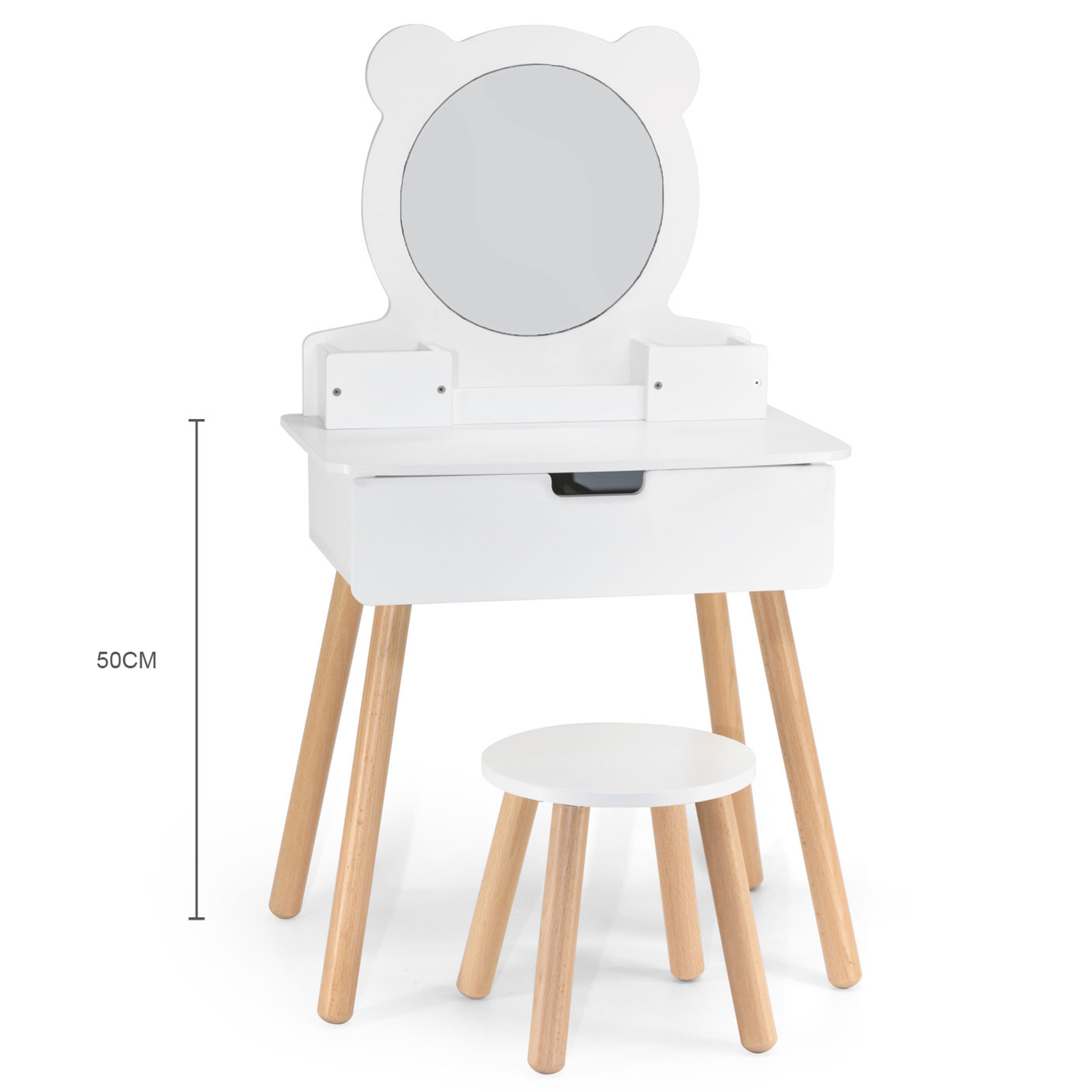 VIGA Veľký biely drevený toaletný stolík so zrkadlom a stoličkou – Obrázok 9