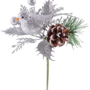 Vetvička MagicHome Vianoce, s vtáčikom, strieborná 17 cm