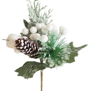 Vetvička MagicHome Vianoce, so šiškou, biela, 21cm