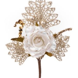 Vetvička MagicHome Vianoce, s ružou, bielo - zlatá, 26 cm