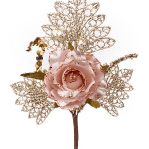 Vetvička MagicHome Vianoce, s ružou, ružovo - zlatá, 26 cm