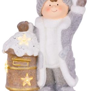 Dekorácia MagicHome Vianoce, Chlapček so schránkou, 1 LED, 3xAA, keramika, 33x23x45 cm