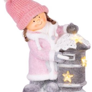 Dekorácia MagicHome Vianoce, Dievčatko so schránkou, 1 LED, 3xAA, keramika, 31x23x43 cm