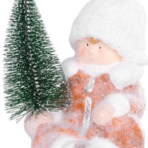 Postavička MagicHome Vianoce, Chlapček so stromčekom, terakota, 14,5x13x17 cm