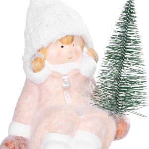 Postavička MagicHome Vianoce, Dievčatko so stromčekom, terakota, 14,5x13x17 cm