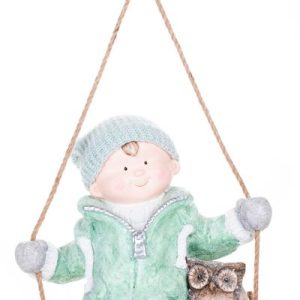 Postavička MagicHome Vianoce, Chlapček na hojdačke so sovičkou, závesná, keramika, 34,5x25,5x39,5 cm