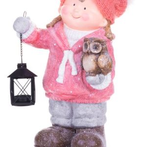 Postavička MagicHome Vianoce, Dievčatko s lampášom a sovičkou, keramika, 28x18,5x39,5 cm