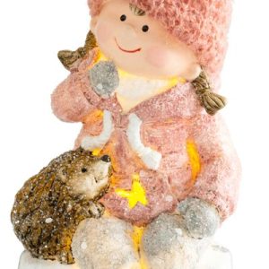 Postavička MagicHome Vianoce, Dievčatko sediac na taburetke s ježkom, 1 LED, polyresin, 10,5x10,5x19,5 cm