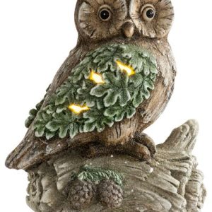 Dekorácia MagicHome Vianoce, Sova na kmeni, 9 LED, 3xAAA, keramika, 31x21x42 cm