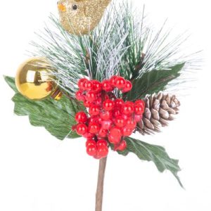 Vetvička MagicHome Vianoce, s vtáčikom, červeno - zlatá, 16 cm