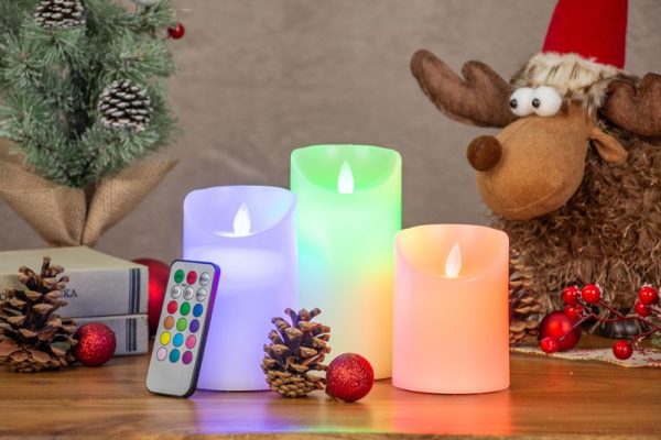 Sviečky MagicHome Vianoce, sada 3 ks, LED, 3xAAA, pravý vosk, jednoduché svietenie, časovač, pohyblivý plameň, 75 mm, 100-125-150 mm – Obrázok 2