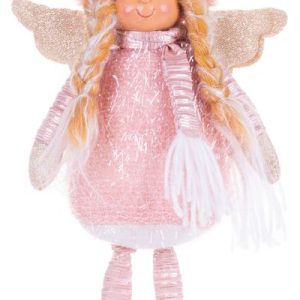 Postavička MagicHome Vianoce, Anjelik s blond vrkočmi, látkový, ružovo-hnedý, stojace, 17,50x10x44 cm