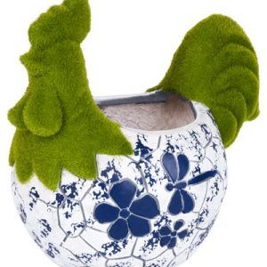 Dekorácia MagicHome, Kohútik s kvetináčom, modrý ornament, keramika, 34,5x24x30,5 cm