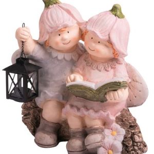 Dekorácia MagicHome, Chlapček a dievčatko s knihou a lampášom, keramika, 32,5x20,5x35 cm