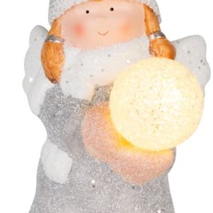 Postavička MagicHome Vianoce, Anjel so snehovou guľou, LED, terakota, 13,5x13x20 cm
