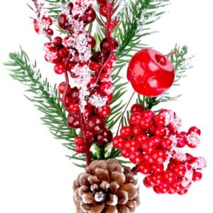 Vetvička MagicHome Vianoce, s bobuľkami a šiškou, červená, zasnežená, 32 cm
