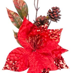 Vetvička MagicHome Vianoce, s kvetom poinsettia, červená, 34 cm
