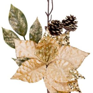 Vetvička MagicHome Vianoce, s kvetom poinsettia, zlatá, 34 cm