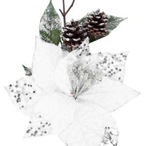 Vetvička MagicHome Vianoce, s kvetom poinsettia, biela, 34 cm