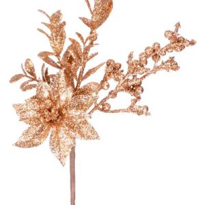 Vetvička MagicHome Vianoce, s kvetom poinsettia a bobuľkami, zlatá, 24 cm