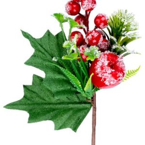 Vetvička MagicHome Vianoce, s bobuľkami a jabĺčkom, červená, efekt mrazu, 22 cm