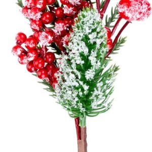Vetvička MagicHome Vianoce, s bobuľkami, červená, efekt mrazu, 29 cm