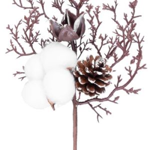 Vetvička MagicHome Vianoce, s bavlnou a šiškou, 30 cm
