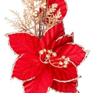 Vetvička MagicHome Vianoce, s kvetom poinsettia, červeno-zlatá, 31 cm