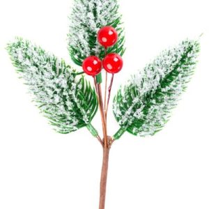 Vetvička MagicHome Vianoce, prírodná, s bobuľkami, zasnežená, 18 cm