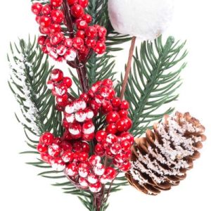 Vetvička MagicHome Vianoce, so šiškou a bobuľami, zasnežená, 31 cm