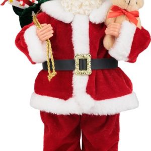 Dekorácia MagicHome Vianoce, Santa s darčekmi a medvedíkom, červený, 30 cm