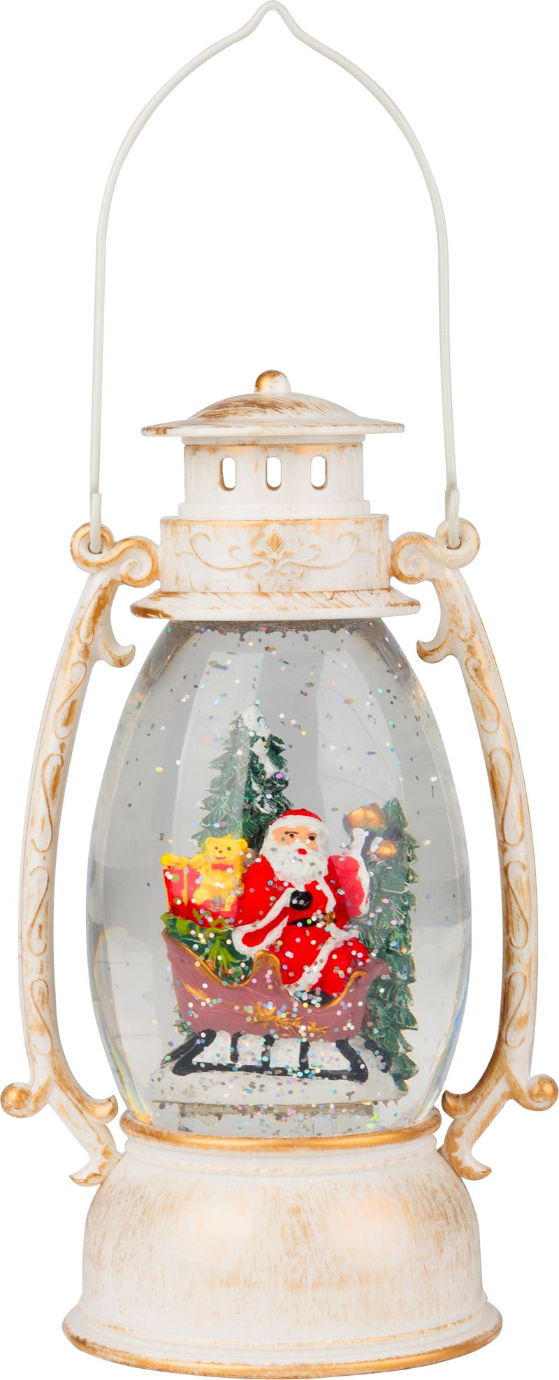 Lampáš MagicHome Vianoce Retro, LED teplá biela, so santom na saniach, s trblietkami, biely, 3xAA, plast, 13x11x24 cm – Obrázok 4