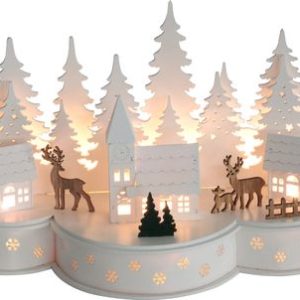 Dekorácia MagicHome Vianoce, Dedinka s jeleňmi, 10 LED teplá biela, 2xAA, MDF, 30x14x19,5 cm